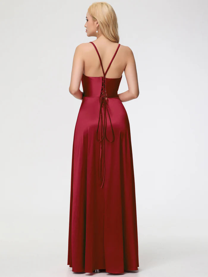 Prom Burgundy Dresses Halter Straps V-Neck Lace Up Back Stretch Satin Prom Dress With Slit