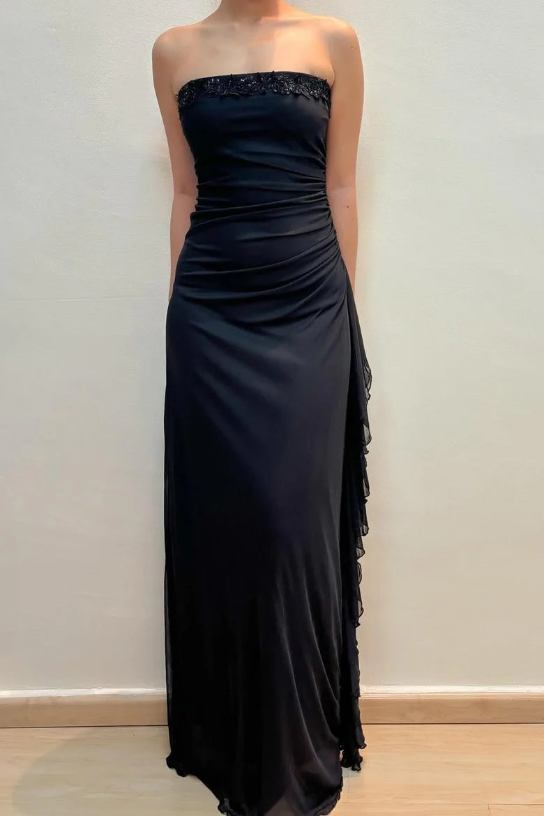 A-Line Strapless Empire-Waist Pleats Appliques Long Prom Dress