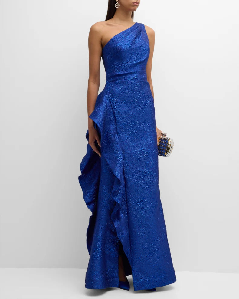 One-Shoulder Ruffle Metallic Jacquard Gown Beautiful and charming simple and unique design