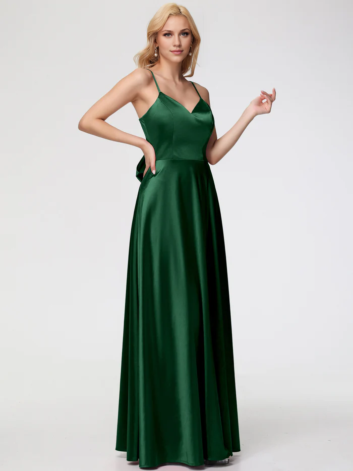 Dark Green Prom Dresses A-Line V-Neck Spaghetti Straps Sleeveless Stretch Satin Prom Dresses