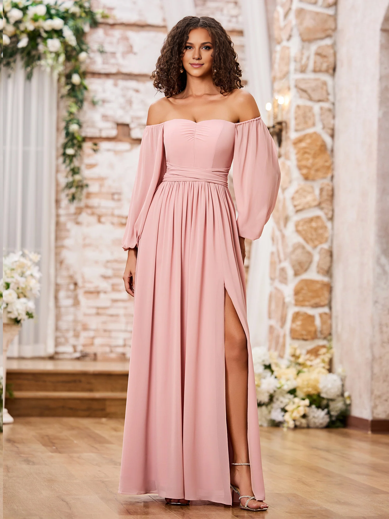 Flutter Sleeves Ruched Chiffon Dress with Sash Dusty Rose Simple gentle atmospheric and unique design