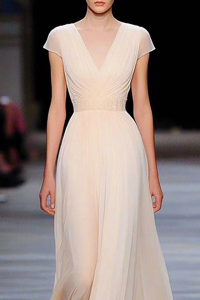 Evening Prom Beige Dress V-Neck Chiffon Pleated Floor-Length Dress