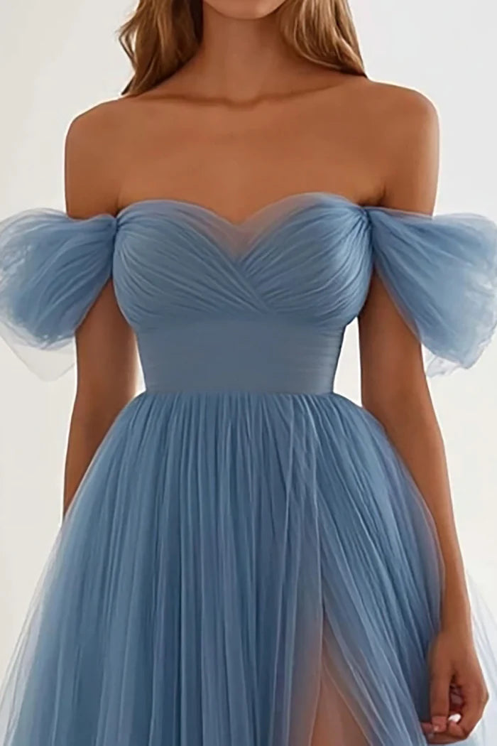 Grey Blue A Line Tulle Long Prom Dress with Slit