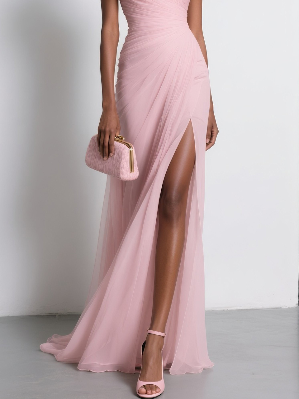 Pink Chiffon 3D Floral Slit One Shoulder Sleeveless Sheath Gown Dress
