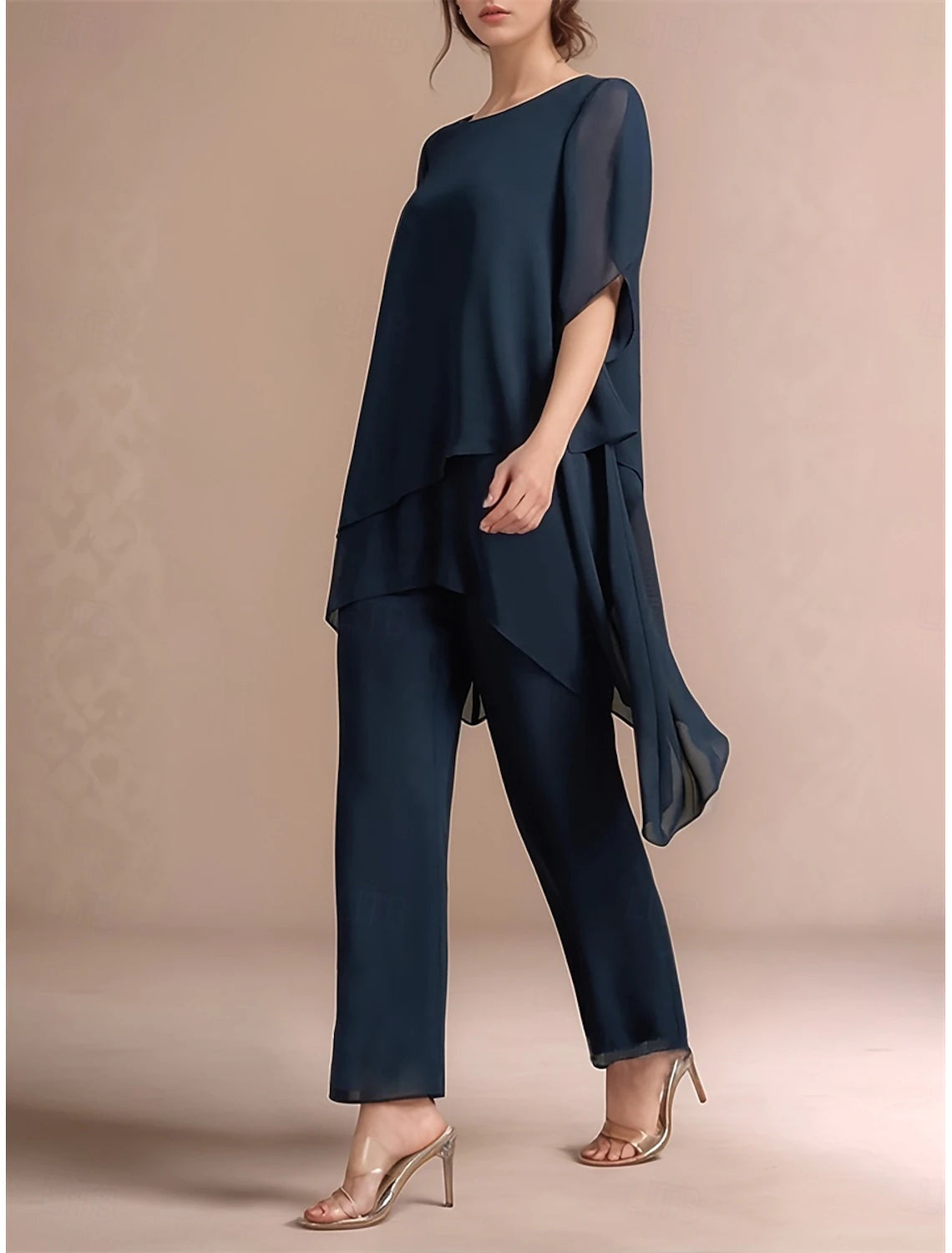 Pantsuit Mother of the Bride Dress Elegant Shirt Collar Asymmetrical Chiffon Short Sleeve with Solid Color