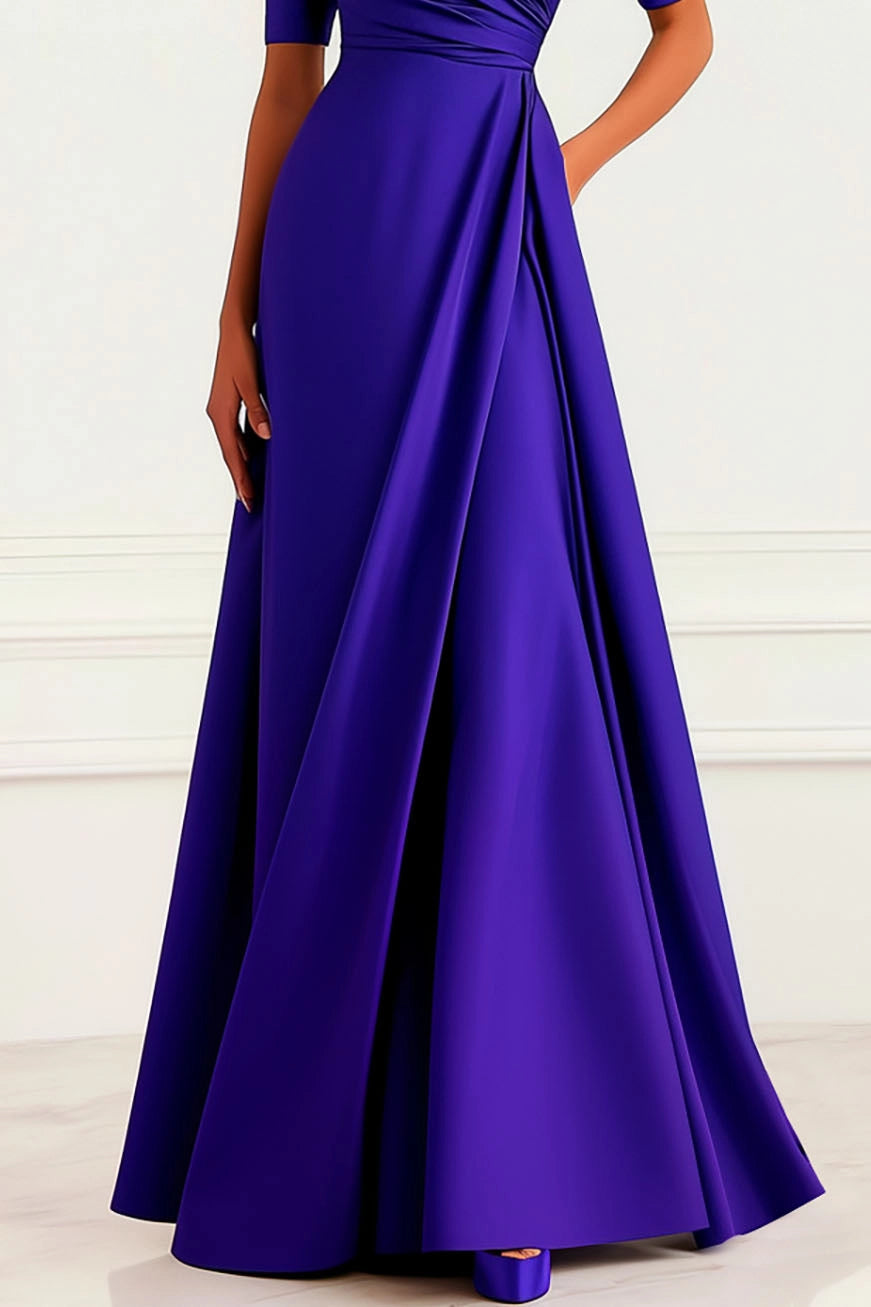 Wedding Guest Purple Dress Boat Neck Waist Pleated Slit Large Skirt Long Dress Mother of the Bride Dress