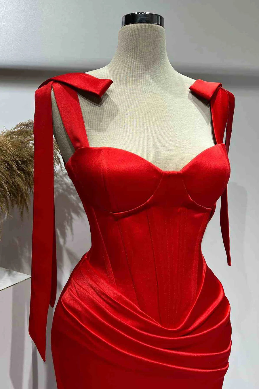 Straps Pleated Satin Long Prom Formal Dress with Slit Simple gentle grand and beautiful