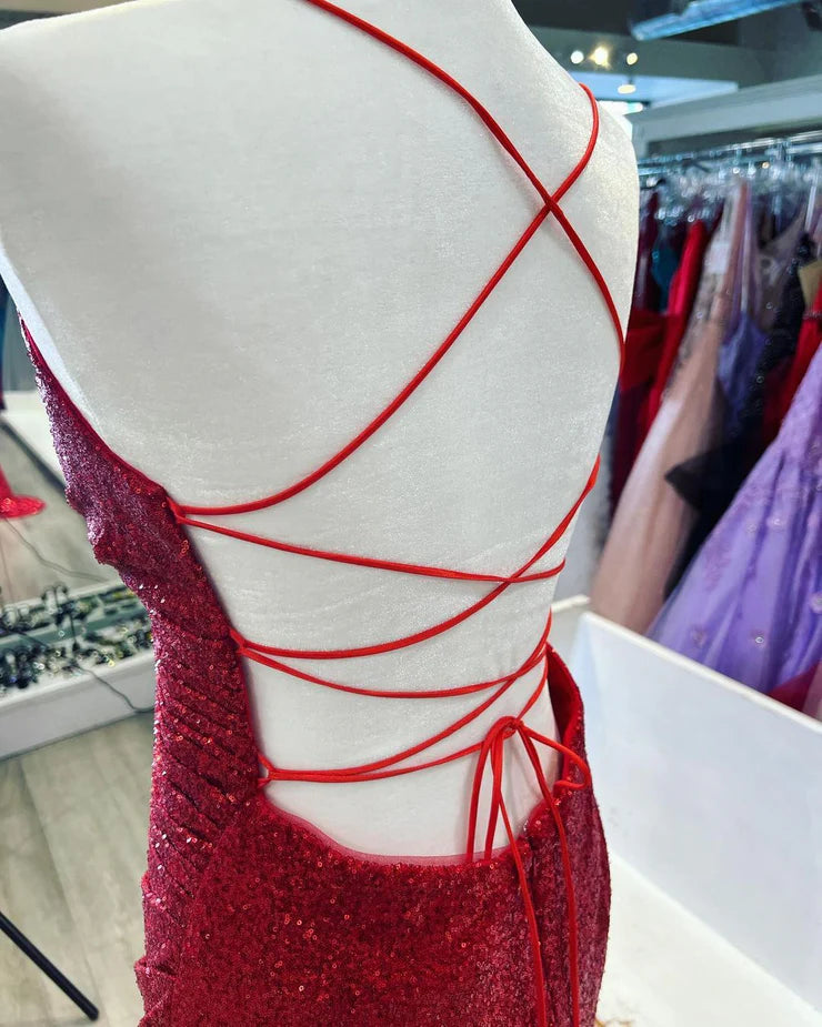Sparkly Mermaid V Neck Red Sequins Prom Dresses with Slit