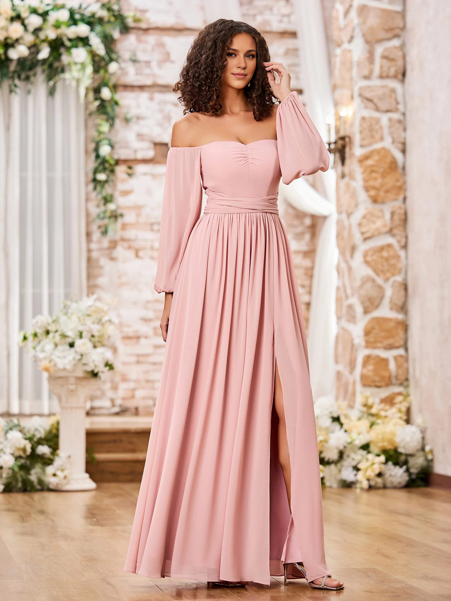 Flutter Sleeves Ruched Chiffon Dress with Sash Dusty Rose Simple gentle atmospheric and unique design