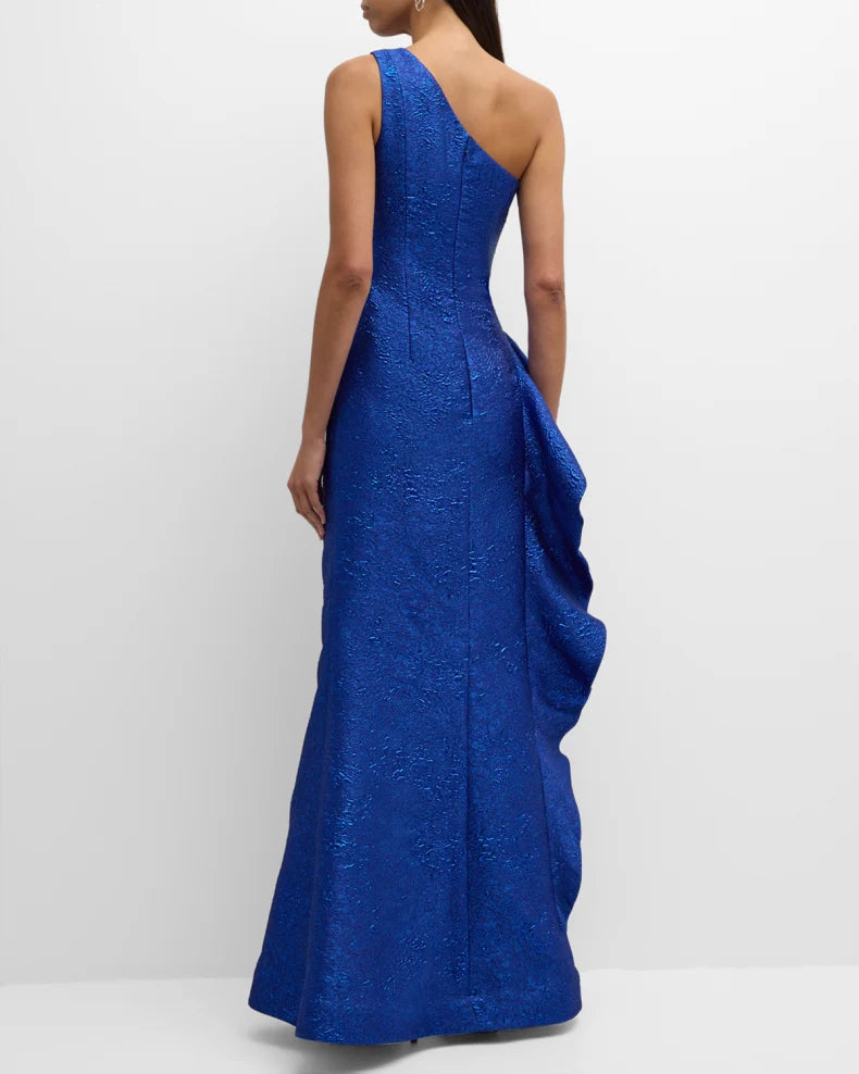 One-Shoulder Ruffle Metallic Jacquard Gown Beautiful and charming simple and unique design