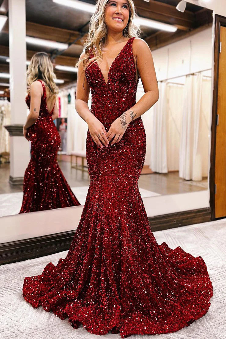 Charming Mermaid Deep V Neck Black Sequins Prom Dresses