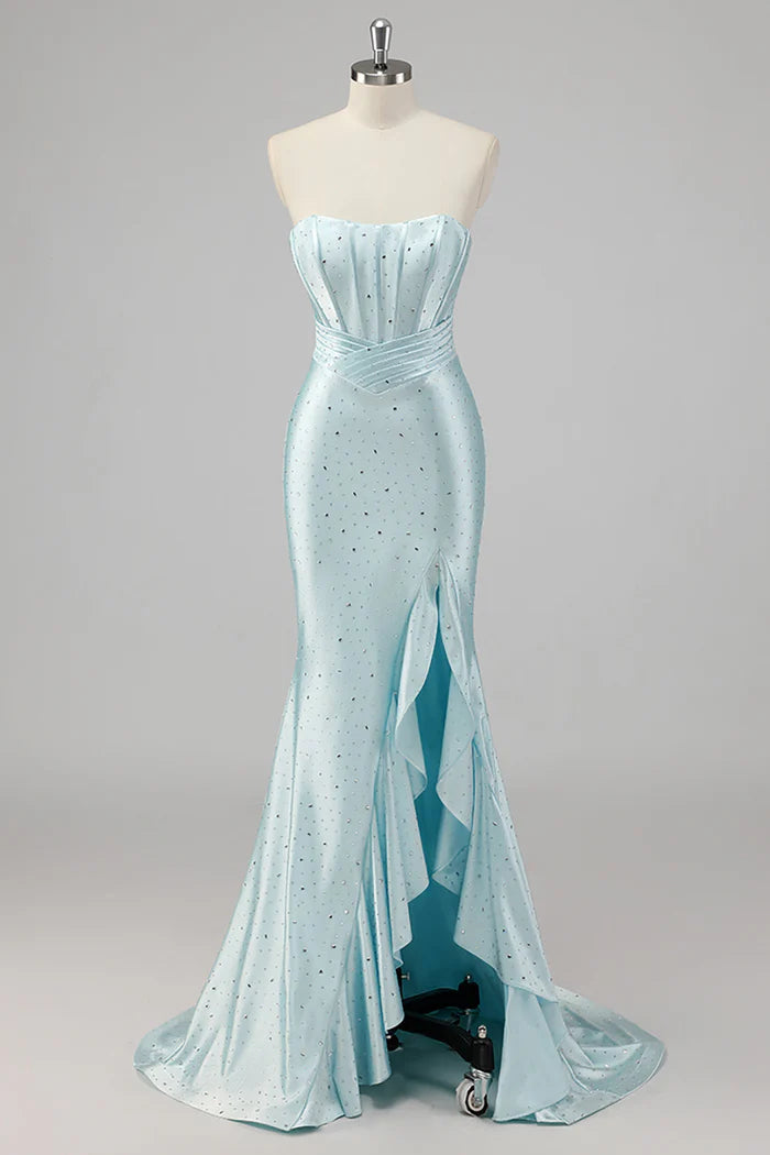 Strapless Mermaid Beaded Blue Prom Dress with Slit