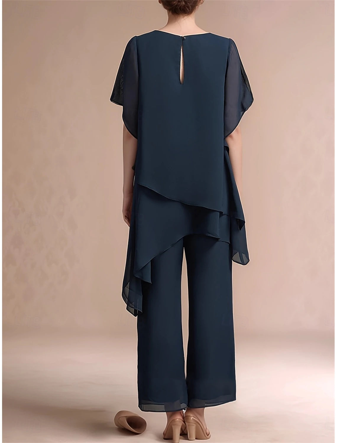 Pantsuit Mother of the Bride Dress Elegant Shirt Collar Asymmetrical Chiffon Short Sleeve with Solid Color