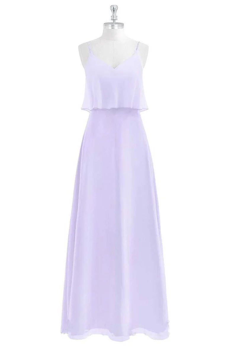 V-Neck Spaghetti Straps Ruffled Long Bridesmaid Dress