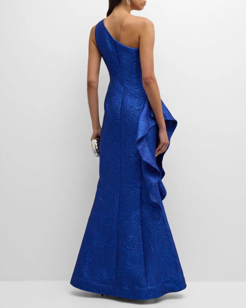 One-Shoulder Ruffle Metallic Jacquard Gown Beautiful and charming simple and unique design