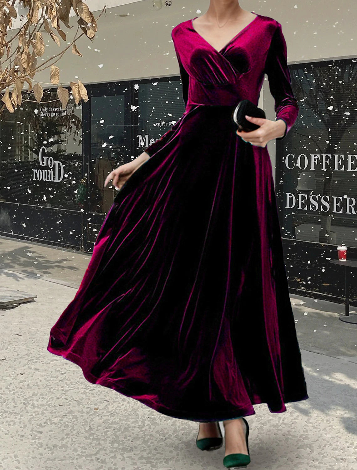 Women's Prom Dress Party Dress Cotton Ruched V Neck Long Sleeve Midi Dress Winter Dress Stylish Black Wine Fall Winter