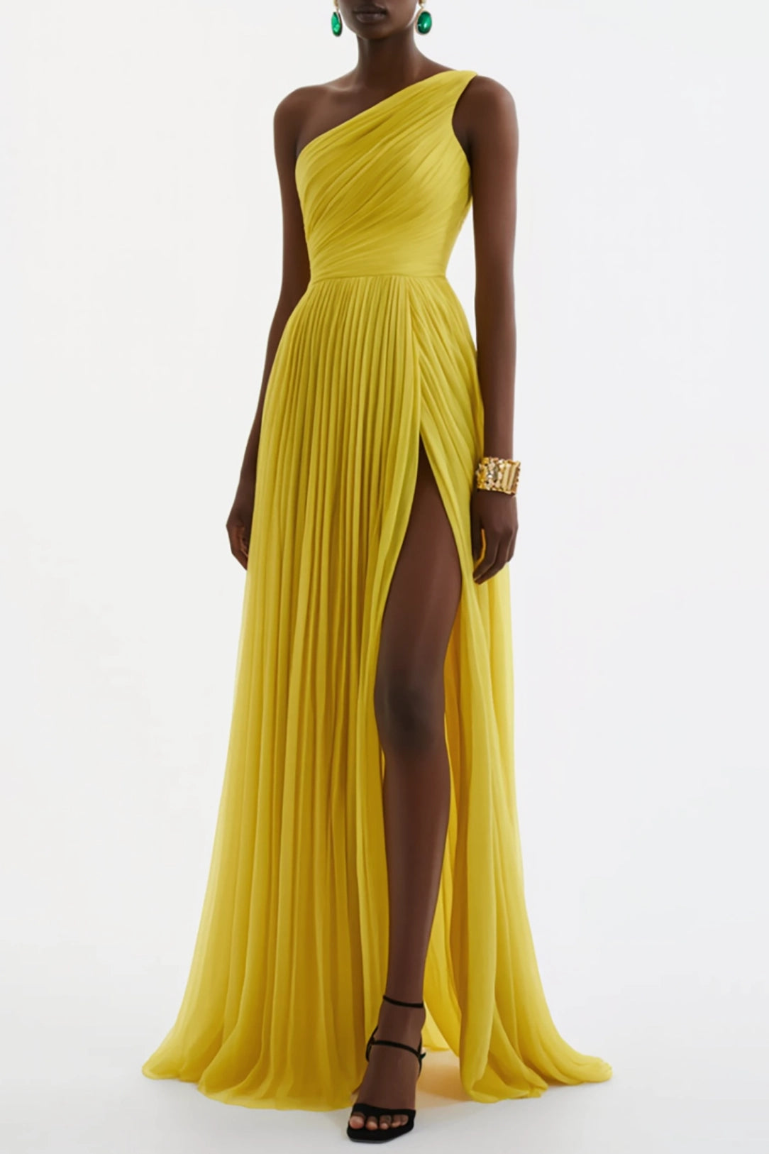 Evening Formal Dress Yellow One Shoulder Pleated Floor-Length Gown