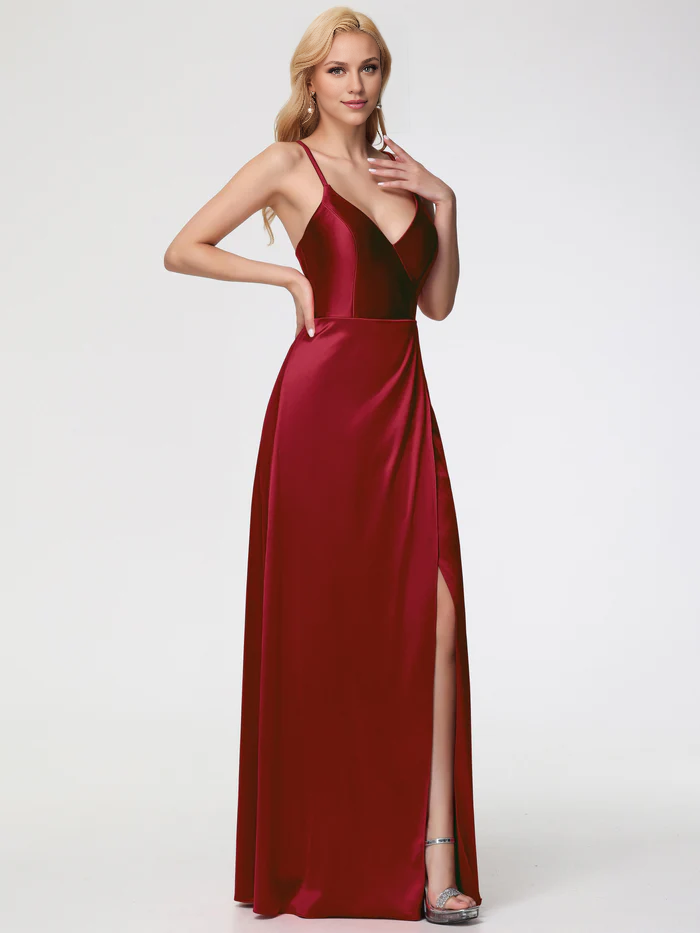 Prom Burgundy Dresses Halter Straps V-Neck Lace Up Back Stretch Satin Prom Dress With Slit