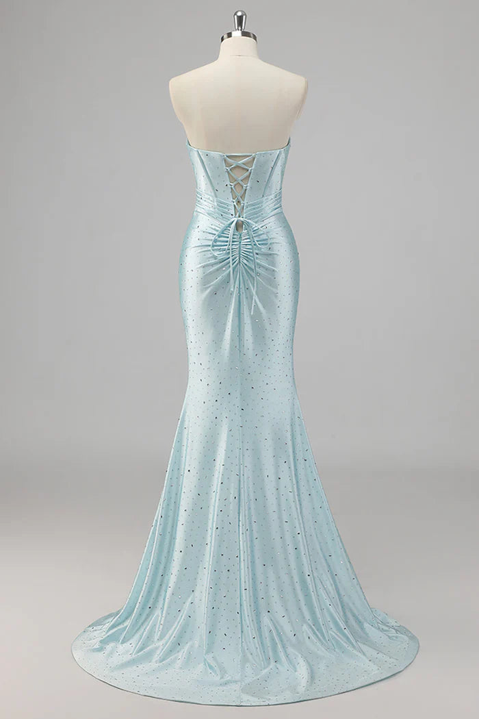 Strapless Mermaid Beaded Blue Prom Dress with Slit