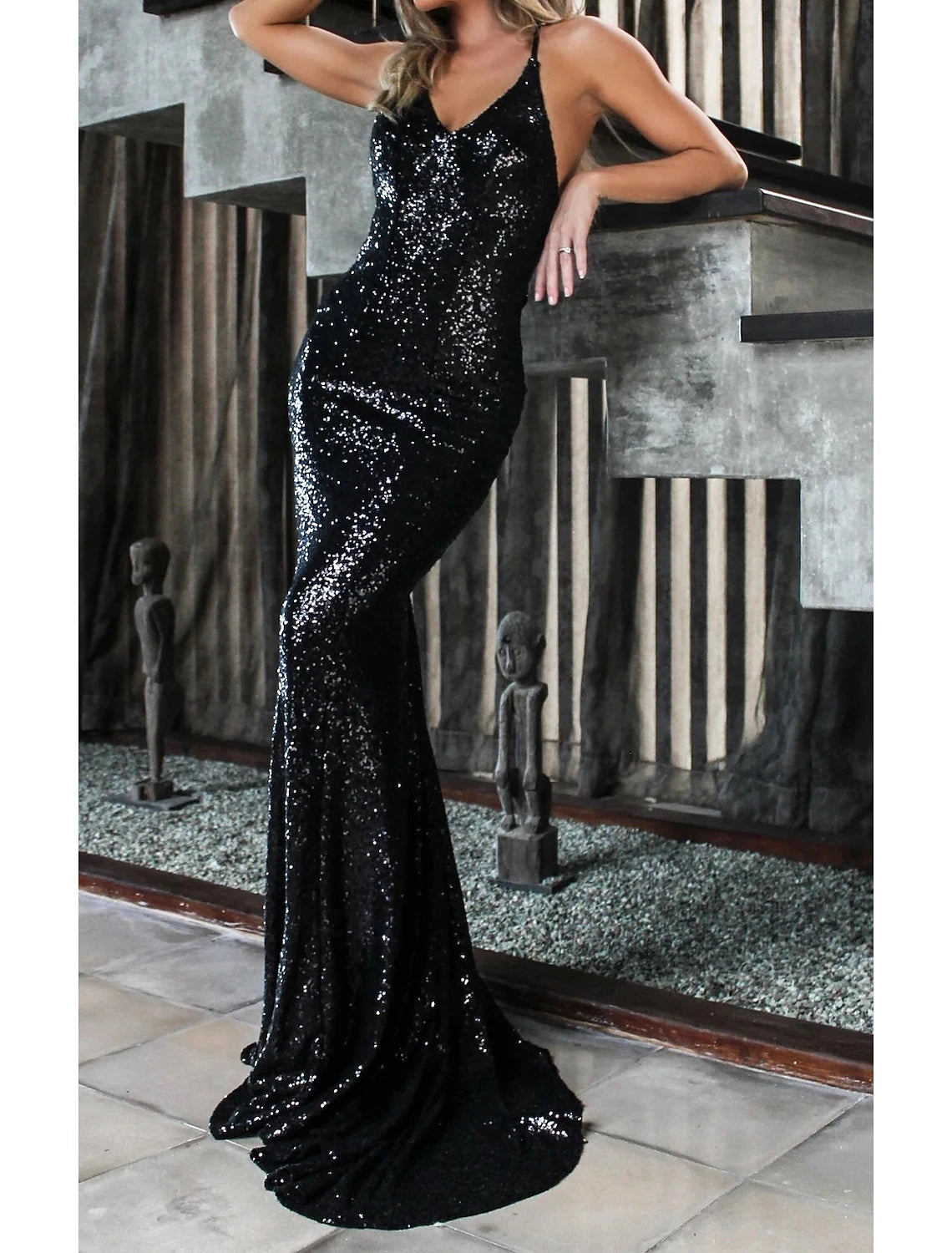 Black Sequin Strapless Dress Sparkling Sequins Elegant Fitted Mermaid Gown Evening Banquet Ball Gown