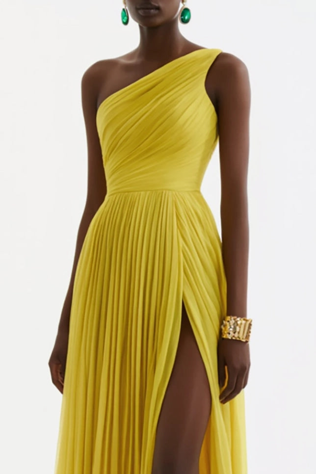 Evening Formal Dress Yellow One Shoulder Pleated Floor-Length Gown
