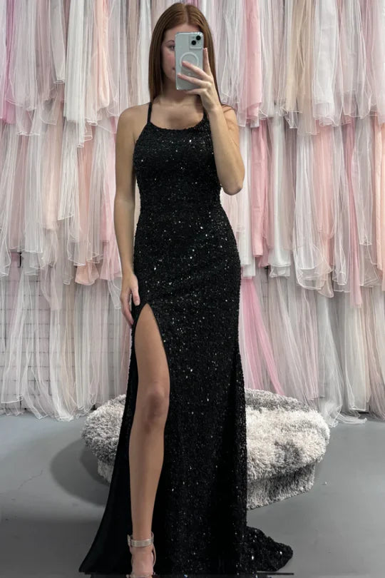 Sequined Mermaid Scoop Neck Sleeveless Long Prom Dress with Slit