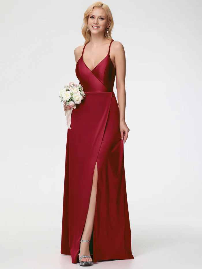 Prom Burgundy Dresses Halter Straps V-Neck Lace Up Back Stretch Satin Prom Dress With Slit