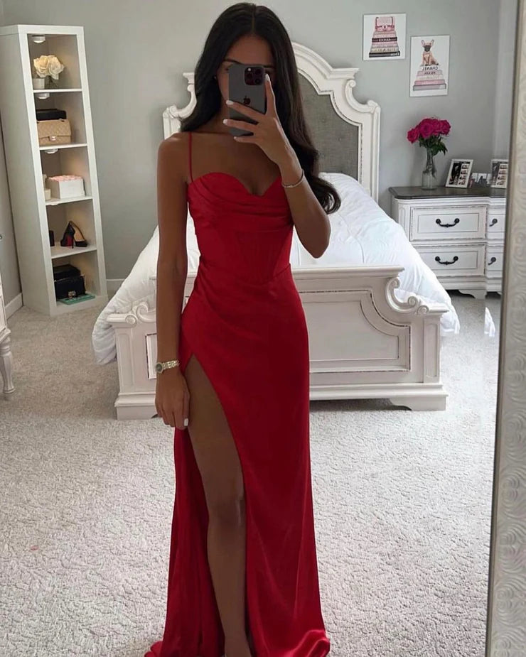 Charming Mermaid Sweetheart Red Slik Satin Prom Dresses