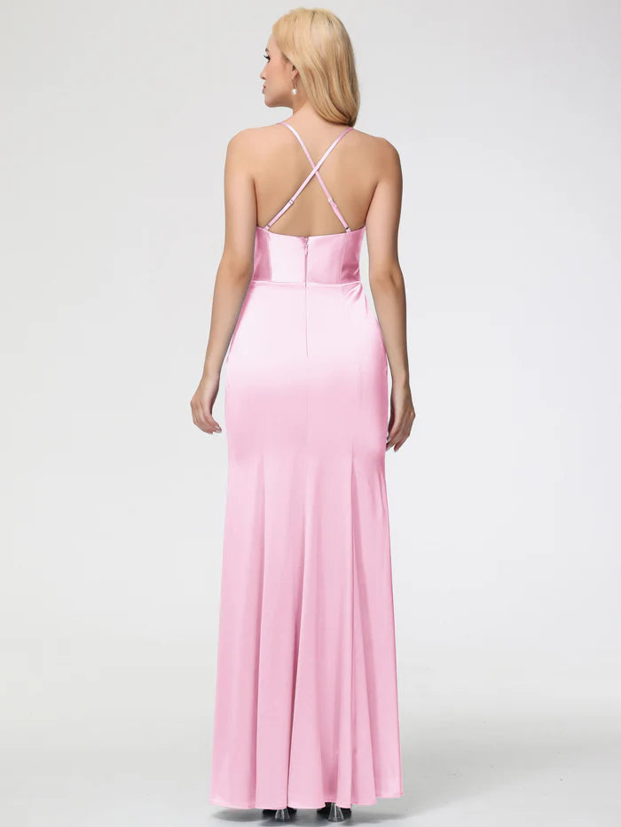Blushing Pink Prom Dresses Sleeveless Cowl Spaghetti Straps Trumpet/Mermaid Split Stretch Satin Prom Dresses