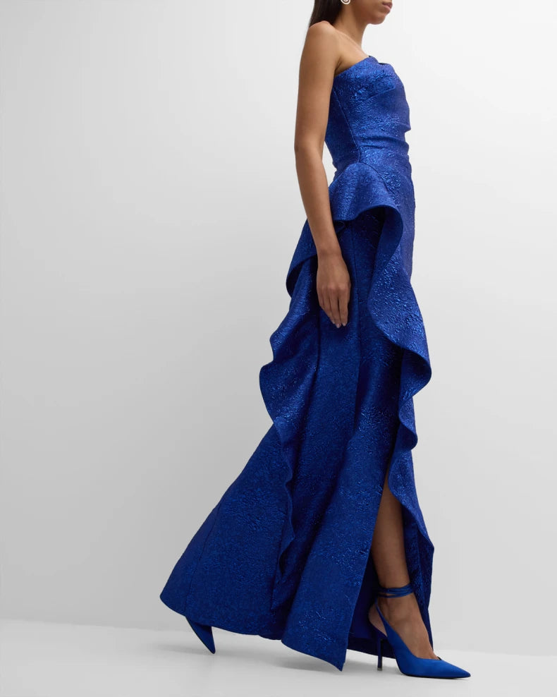 One-Shoulder Ruffle Metallic Jacquard Gown Beautiful and charming simple and unique design