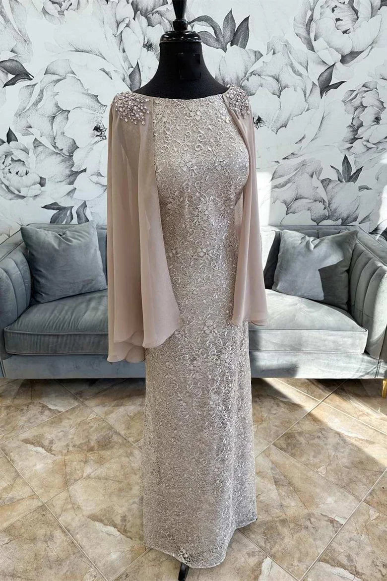 Gray Lace Round Neck Long Formal Dress with Cape Sleeves Simple atmospheric beautiful and unique desi