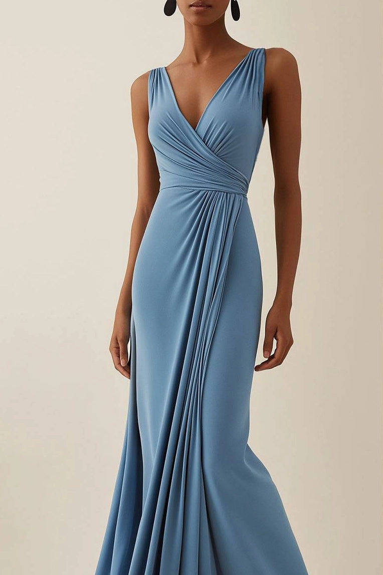 Wedding Guest Party Dress Light Blue Sleeveless Pleated Maxi Dress Simple beautiful generous and full of charm