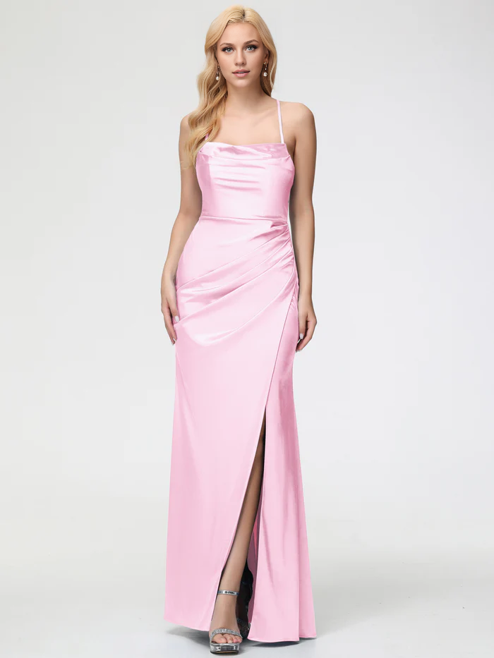 Blushing Pink Prom Dresses Sleeveless Cowl Spaghetti Straps Trumpet/Mermaid Split Stretch Satin Prom Dresses