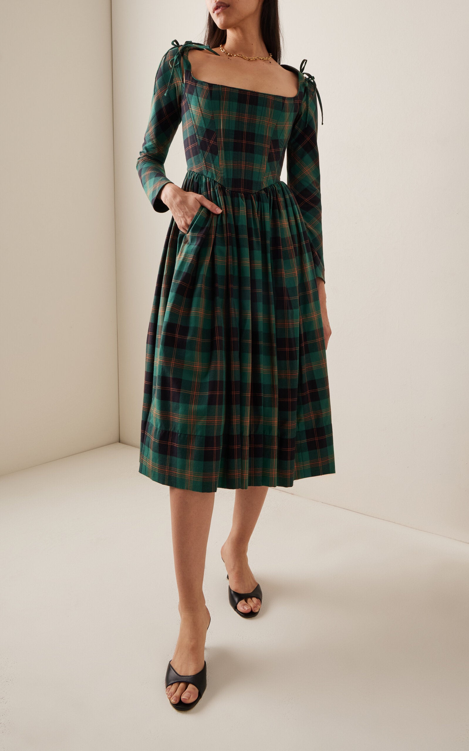 Convertible Plaid Cotton Midi Dress Full of charm simple and atmospheric