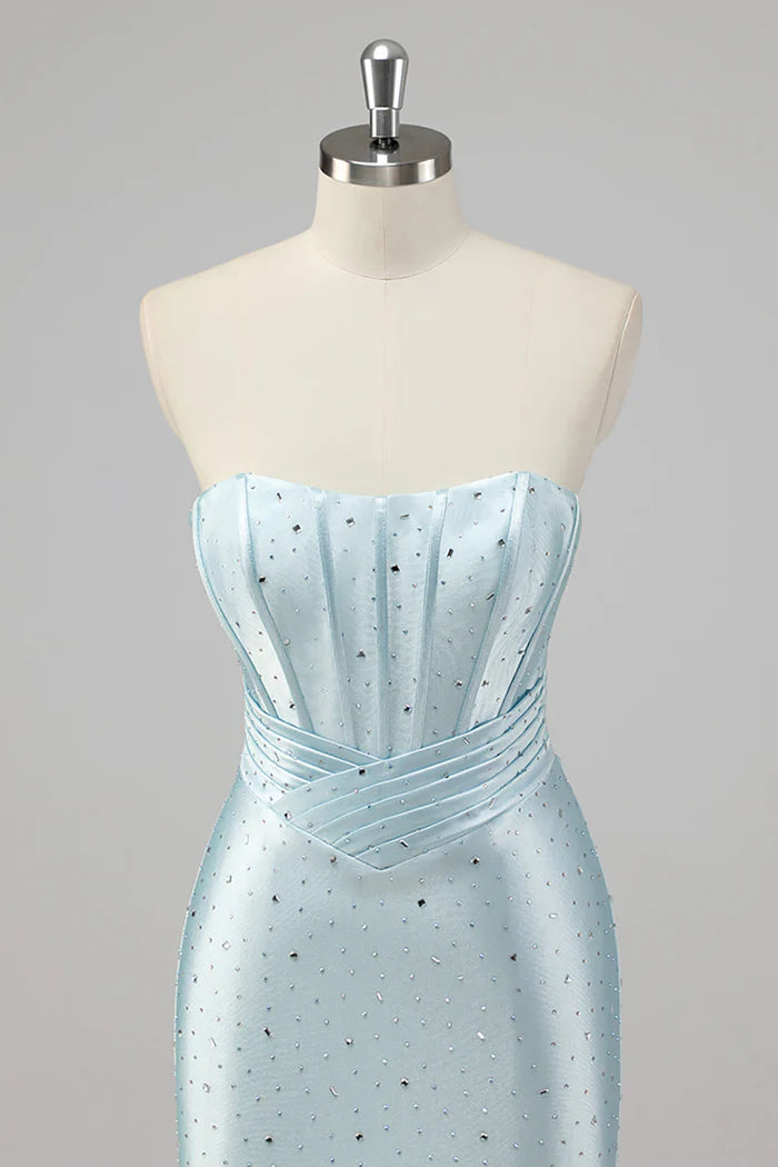 Strapless Mermaid Beaded Blue Prom Dress with Slit