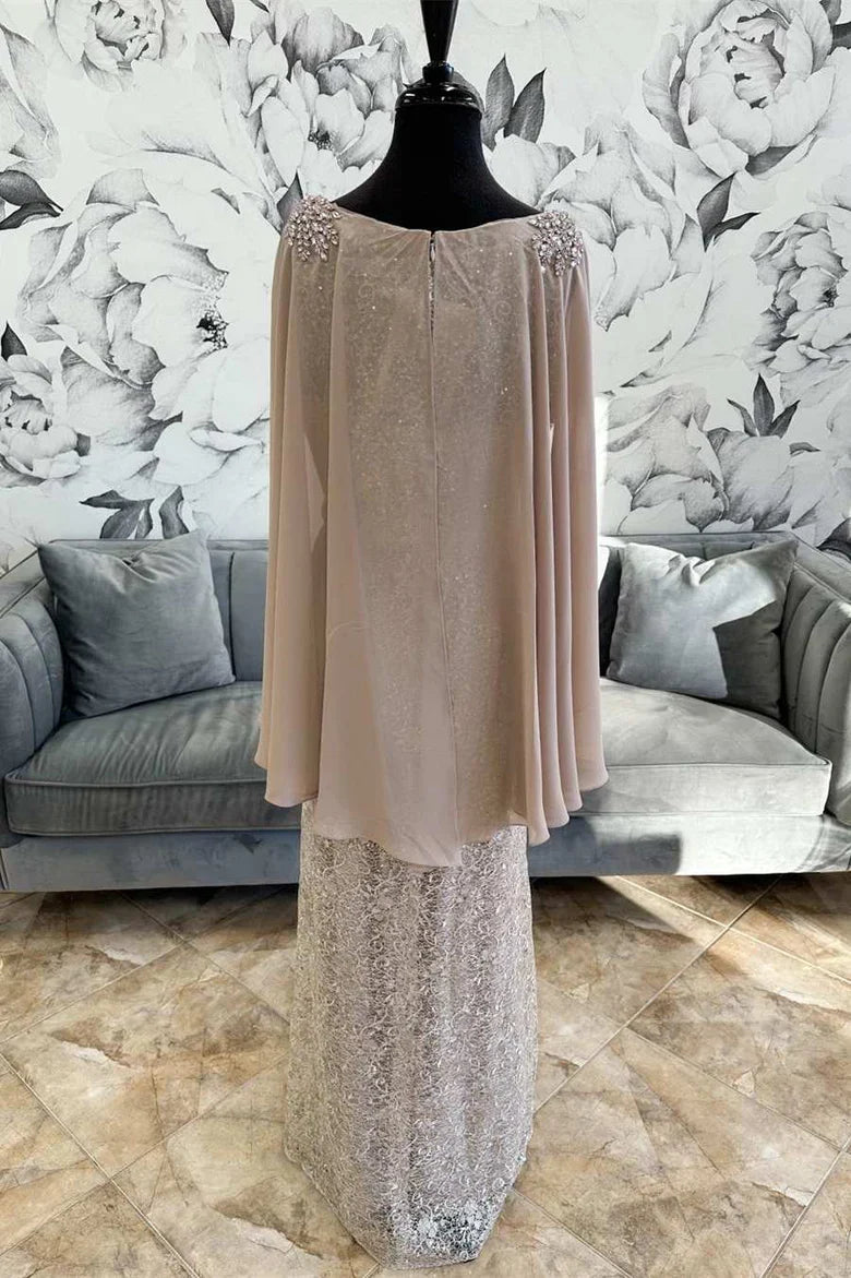 Gray Lace Round Neck Long Formal Dress with Cape Sleeves Simple atmospheric beautiful and unique desi
