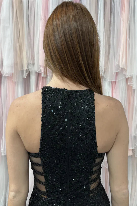 Sequined Mermaid Scoop Neck Sleeveless Long Prom Dress with Slit