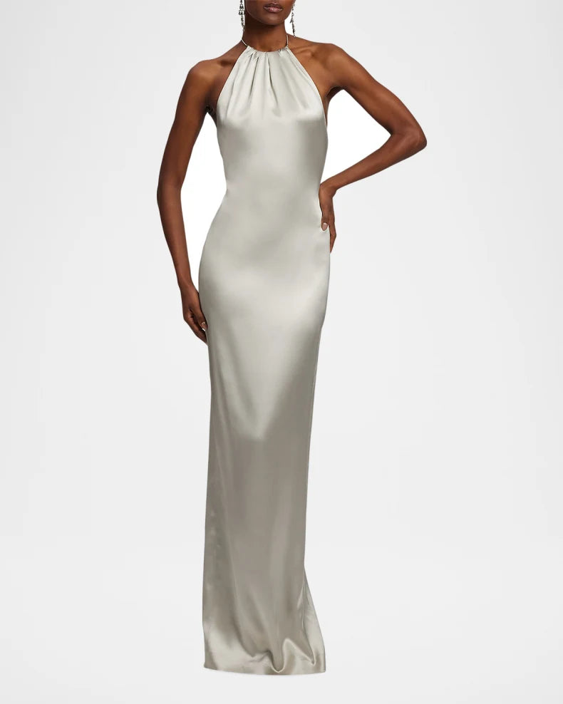 Corra Lux Stretch Satin Sleeveless Halter Gown Charming and unique design Beautiful generous simple