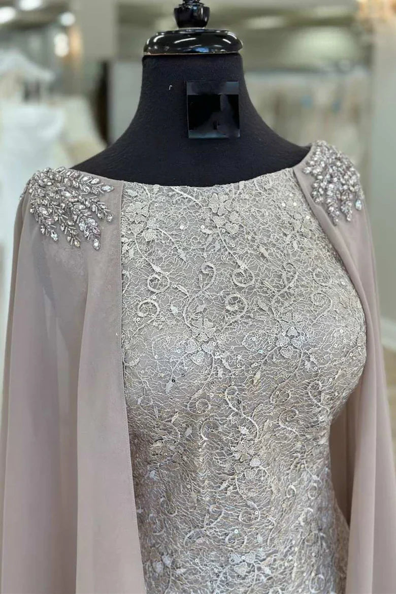 Gray Lace Round Neck Long Formal Dress with Cape Sleeves Simple atmospheric beautiful and unique desi