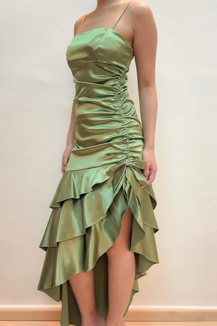Spaghetti Straps Ruffles Sleeveless Long Prom Dress with Slit