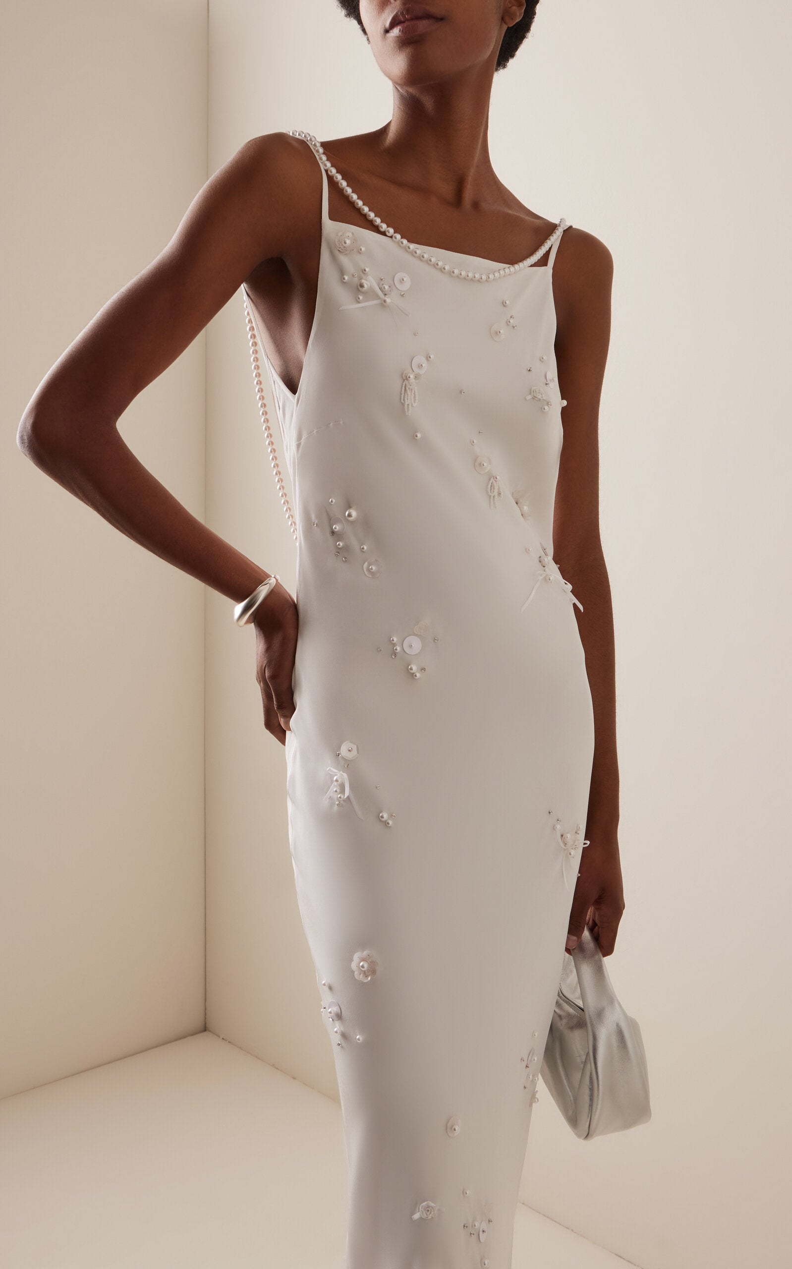 Pearl-Embroidered Silk Maxi Slip Dress