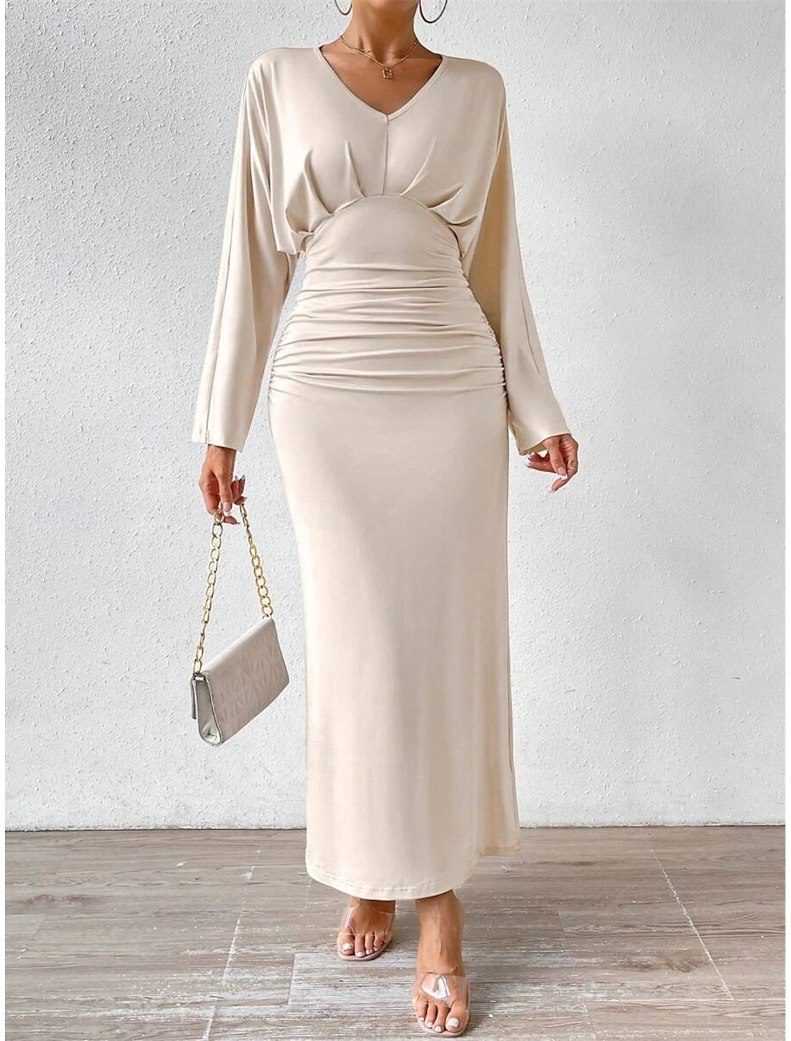 Dress Mother of the Bride Dress Elegant V Neck Floor Length Jersey Long Sleeve with Ruched