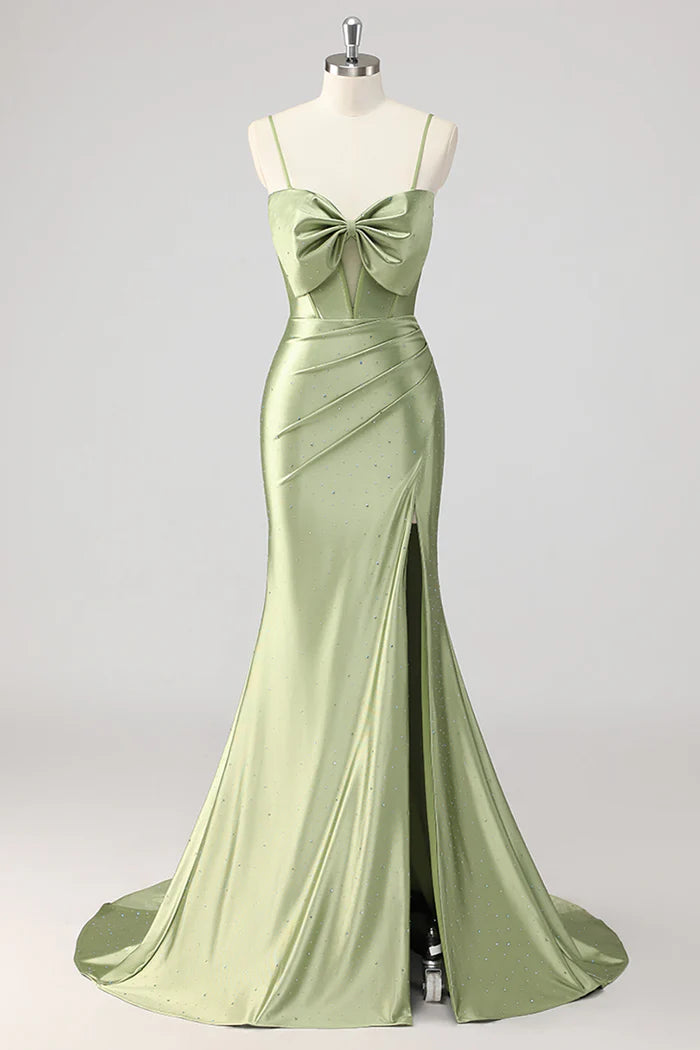 Green Mermaid Beaded Corset Bow Cut Out Satin Prom Dress with Slit