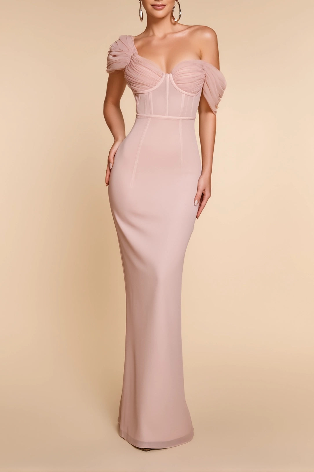 Evening Formal Gown Light Pink Tulle Corset Bodycon Floor-Length Dress