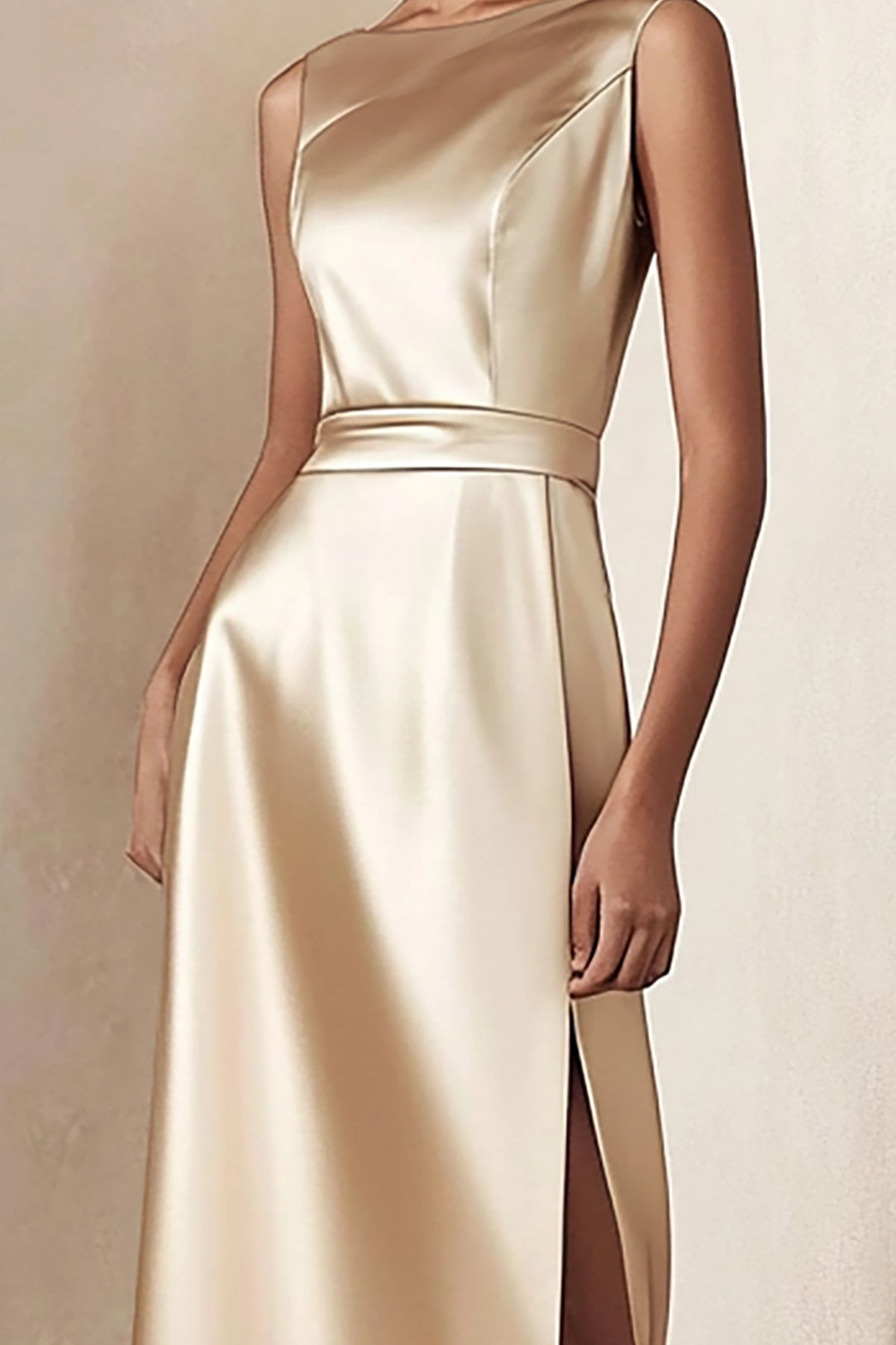Cocktail Party Dress Champagne Satin Sleeveless Slit Midi Dress Simple beautiful generous and full of charm
