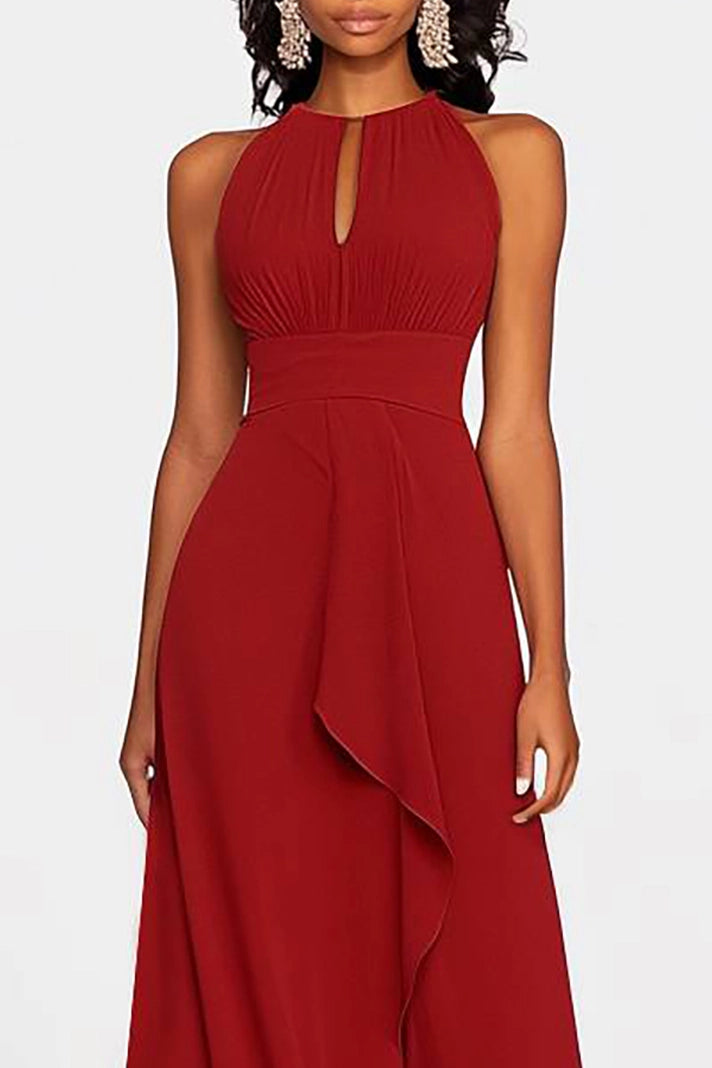 Evening Party Halter Dress Sleeveless Ruffle Draped Maxi Dress