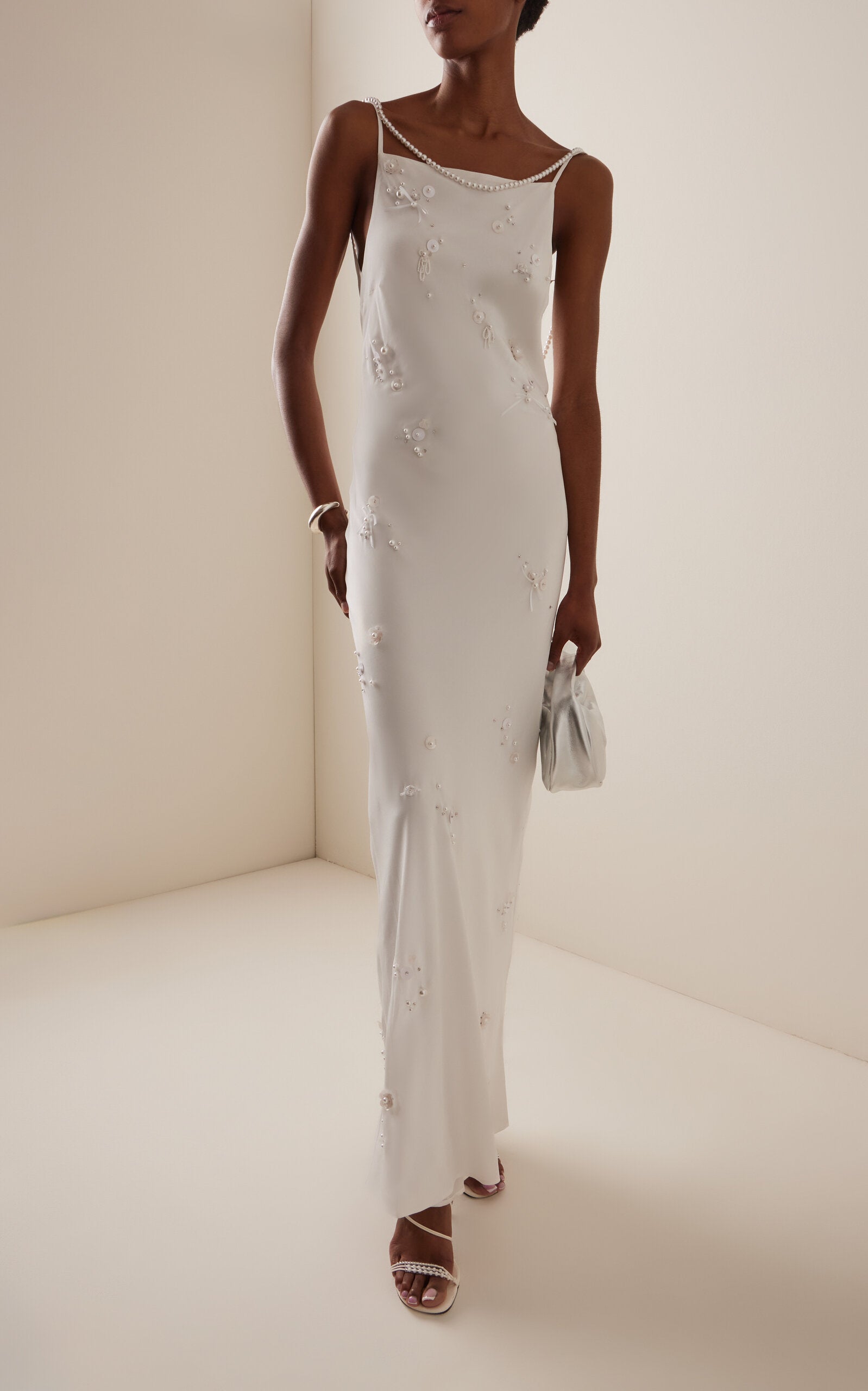 Pearl-Embroidered Silk Maxi Slip Dress