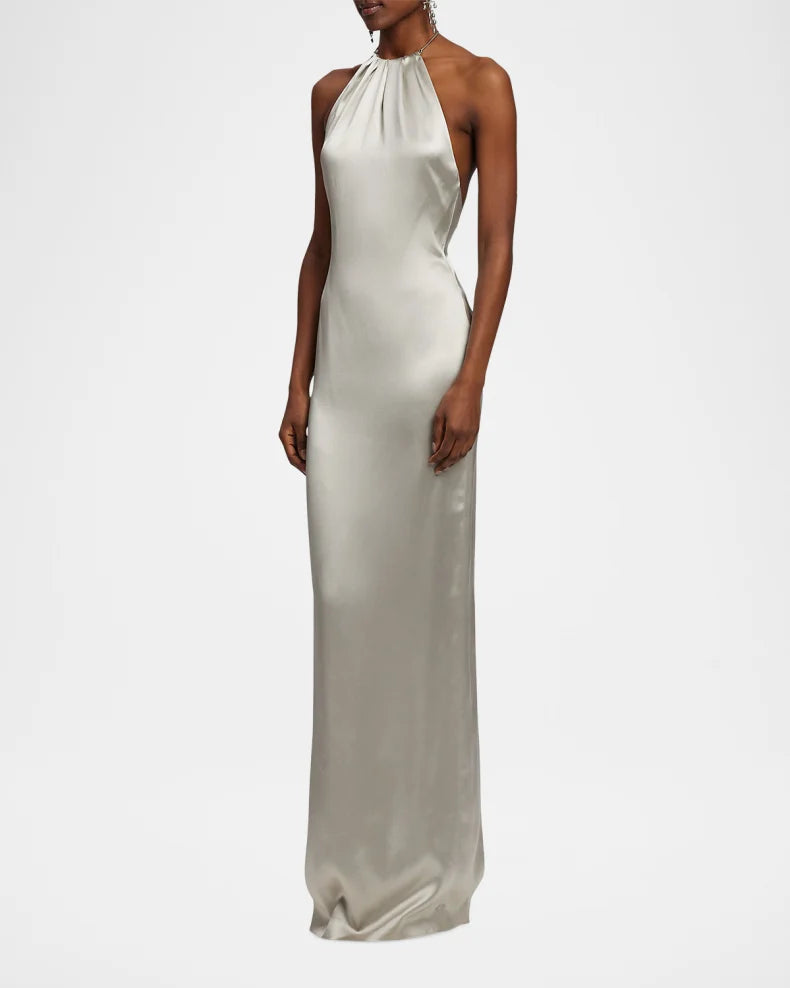Corra Lux Stretch Satin Sleeveless Halter Gown Charming and unique design Beautiful generous simple