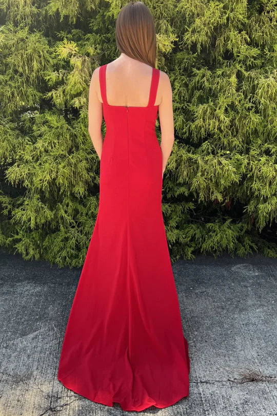 Straps Square Mermaid Sleeveless Pleated Long Prom Formal Dress