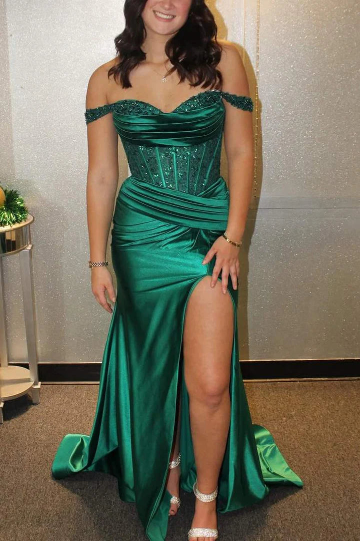 Off-Shoulder Sweetheart Mermaid Pleated Prom Dress with Slit
